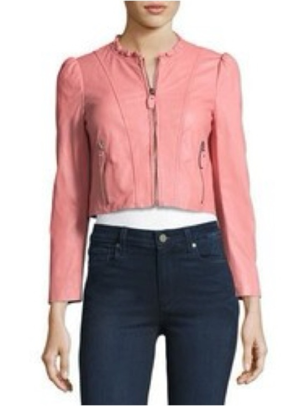 Rebecca Taylor Pink Cropped Leather Jacket with Ruffle Collar